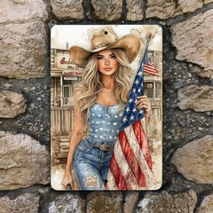 Pinup Cowgirl American Flag Metal Sign 8×12 – Western Patriotic Decor