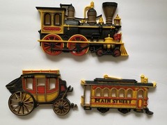 Vintage 1975 Train Locomotive & Trolley Car Wall Plaque Set of 3 Homco Dart Inc