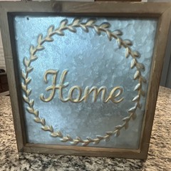 Farmhouse Home Wreath Wall Sign, Framed Galvanized Metal & Wood Square