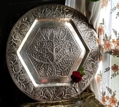 John-Richard Repousse Tree of Life Silver Metal Art Plaque, India, 23″ Round