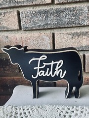 Faith Distressed Black Cow Farmhouse Shelf Sitter NEW