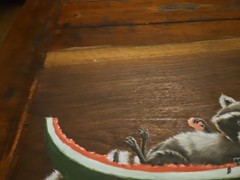 1980s Hand Painted Wood Hanging Plaque Raccoon On Watermelon 16×12