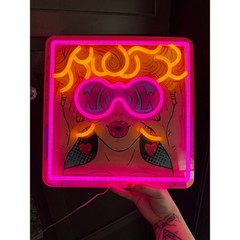 Pop Art LED Neon Sign Woman WOW Sunglasses Pink Yellow Wall Decor Light Up