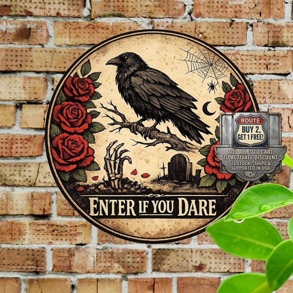 Skull and Crow Gothic Skeleton Sign Halloween Spooky Metal Wall Decor 8×8