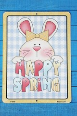HAPPY SPRING Metal Sign, 9” x 12” Novelty Easter Bunny Spring Wall Decor
