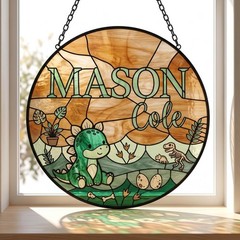 Personalized Dinosaur Stained Glass, Custom Boy Name Window Hanging