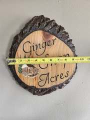 Rustic Wall Hanging Log Slice with Ginger Snap Acres & Log Cabin On It