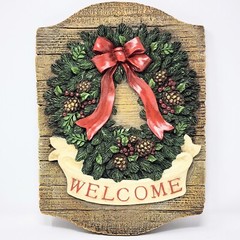Welcome Sign CHRISTMAS WREATH Wall Door Porch Hanging Decor 14″ x 10″ Faux Wood