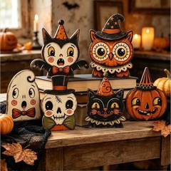 Retro Halloween Wooden Block Decorations Ghost Pumpkin Black Cat Skull Witch