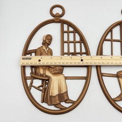 Vintage Syroco Colonial Man Woman Wall Plaques Set Brown Faux Wood 12″ Rustic