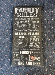 FAMILY RULES Inspirational Primitive Wood Hanging Sign 8” x 16”