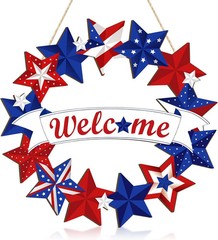 Wooden 4th of July Decoration Door Wreath for Front Door Sign Star Wall Signs, I