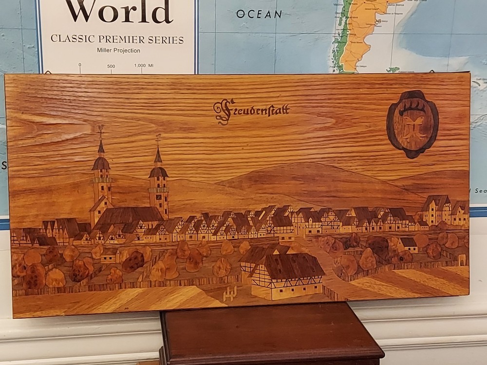 Large Vintage Wooden Handcrafted Marquetry Wall Decor Town Freudenstadt, Germany