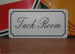 Tack Room Metal Sign in Fancy Script and Black Border