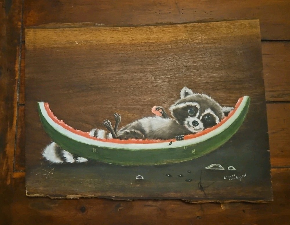 1980s Hand Painted Wood Hanging Plaque Raccoon On Watermelon 16×12