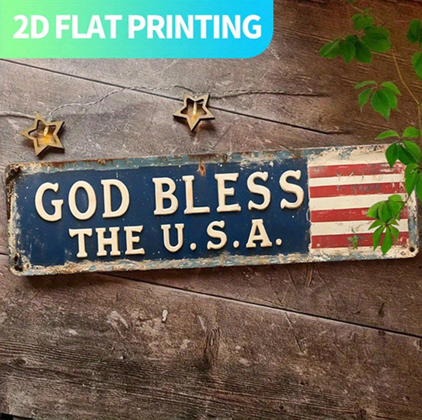 2D Flat Vintage “GOD BLESS THE U.S.A” Metal Wall Sign – 16×4 in Aluminum Patriot