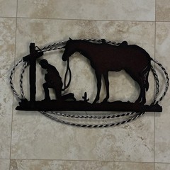 Praying Cowboy Kneeling at Cross Horse Rustic Metal Western Wall Decor Memorial