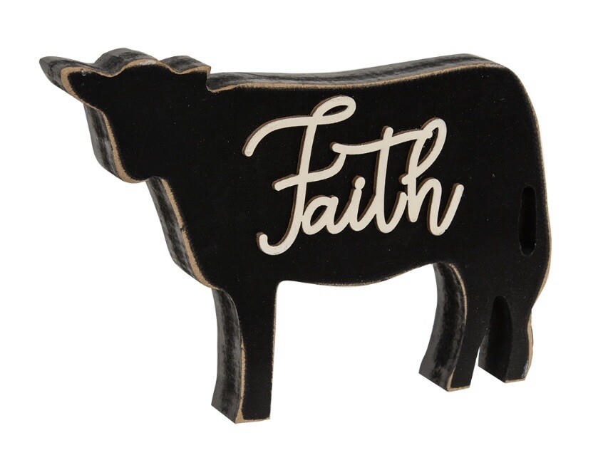 Faith Distressed Black Cow Farmhouse Shelf Sitter NEW