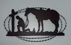 Praying Cowboy Kneeling at Cross Horse Rustic Metal Western Wall Decor Memorial