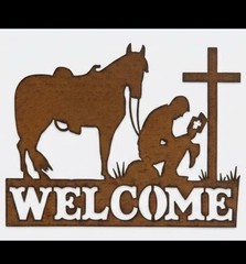 Rustic Metal Cowboy Welcome Sign Praying At Cross Home Decor Wall Art