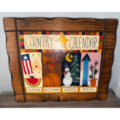 VTG Hand Painted Wood Country Calendar Wall Plaque Four Seasons Folk Art Sign
