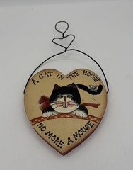 A Cat In The House No More A Mouse Country Heart Plaque Wire Hanger Signed 9”