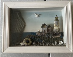Nautical Rustic Lighthouse Ocean Beach 3D Shadow Box Wall Hanging 12”x9” READ