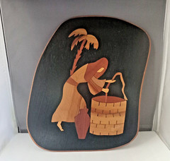 VTG Mid-Century Modern 13×11 Wood Inlay Marquetry Wall Art Rebecca at the Well