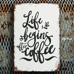Retro White Distressed “Life Begins After Coffee” Metal Wall Sign for Kitchen