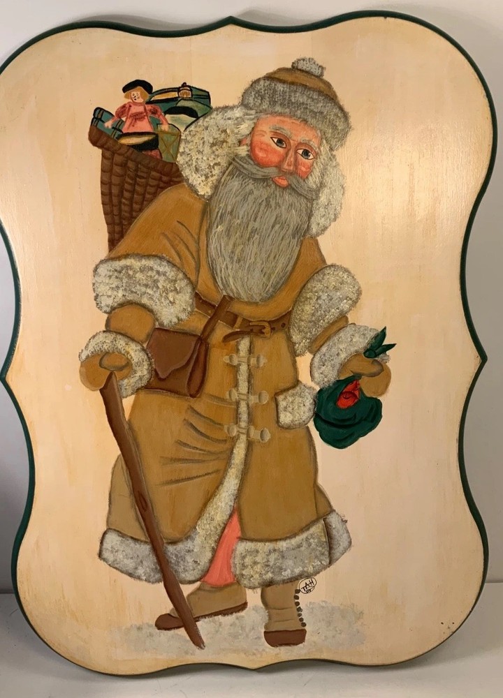 Vintage Hand Painted & Signed Wood Santa Claus Plaque 16.5 in.