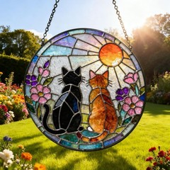 Charming Black Orange Cat Couple Garden Suncatcher Stained Glass