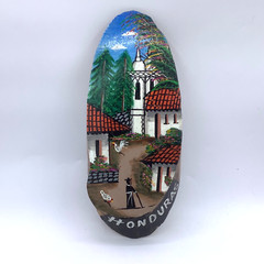 Hand Painted Wood Slice Wall Hanging Decor Made In Honduras 11” Village Chicken