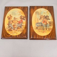 Vintage Coby Wood Wall Plaque Set Brown Country Boys Farming Art 2pc