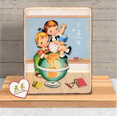School shelf sitter Boy & Girl on Globe vintage style decor retro art WB-264