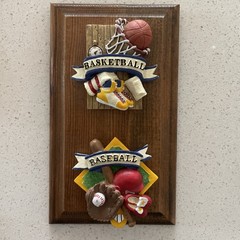 Sports Wall Plaque Decorative Wall Hanging Childs Room Baseball Basketball Vtg