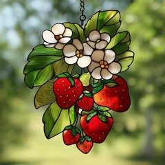 Strawberry Branch Acrylic Glass Suncatcher, Strawberry Floral Window Hanging, Ho