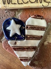 Handmade Ceramic Patriotic Heart Wall Welcome Sign Red White Blue Stars Stripes