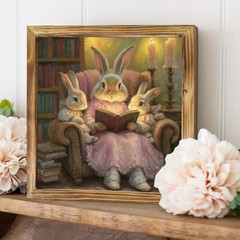 Easter Bunny Reading Design Wooden Plaque Spring Season Desk Decoration Gift