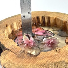 Wood Plaque With Faux Pink Butterfly & Flowers Suspended In Resin Boho 70’s Deco