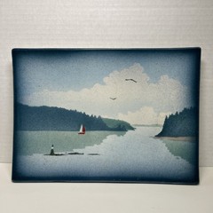 Alan Grout Stuido Pottery Blue Seascape Sailboat Wall Plaque / Sushi Tray 10×7″