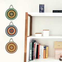 3Pc Round Wooden Wall Hanging Plaque Set Leaf Mandala Boho Art Medallion Decor