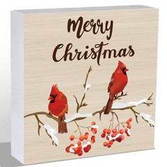 Merry Christmas Decorations Cardinals Wood Box Sign Indoor Tabletop Gift 6″x6″