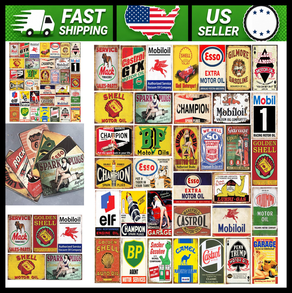 Vintage Tin Signs Set of 35 Retro Gas Oil Metal Decor for Garage Bar Kitchen