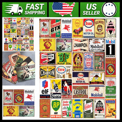 Vintage Tin Signs Set of 35 Retro Gas Oil Metal Decor for Garage Bar Kitchen