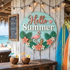 Personalized Summer Family Name Beach House Door Hanger Tropical Pool Decor