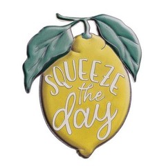 New Rustic Farmhouse SQUEEZE THE DAY LEMON SHAPED SIGN Metal Wall Hanging 19″