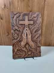 Praying Hands Wood Carving, Cross Wall Art, Christian Oak Relief, Religious