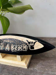 Hawaiian Hand Made 8″ Carved Wood Surfboard Display Stand LIFE’S A BEACH Shaka