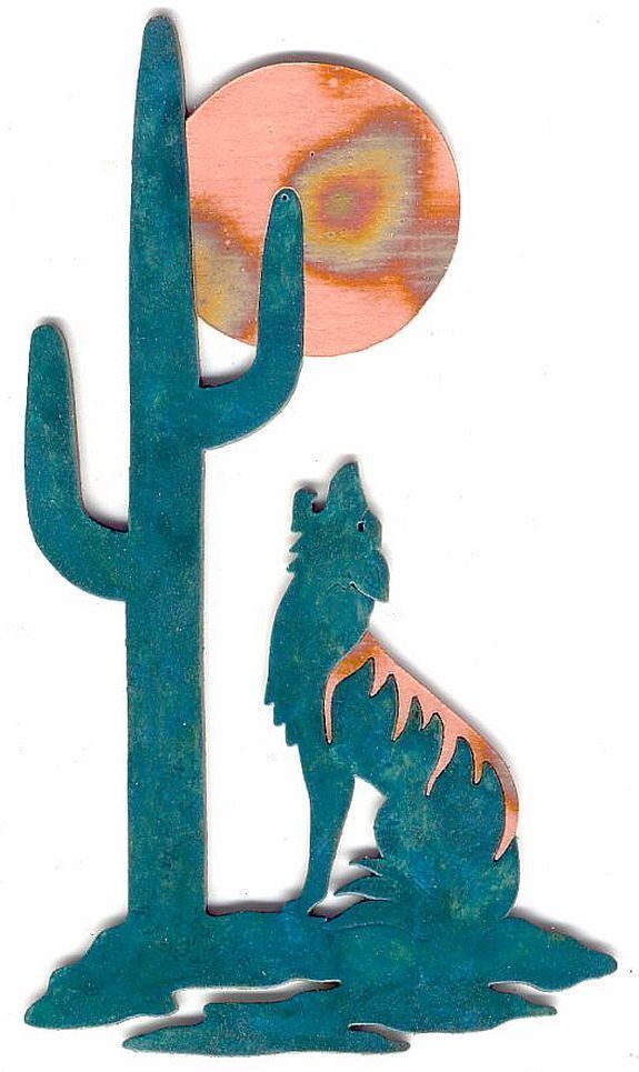 COPPERCUTTS Coyote Saguaro Moon Plaque 6″ x 10″ Rustic SouthWest Copper & Wood