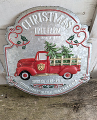 New CHIRSTMAS TREE FARM SIGN Truck Santa Distressed Retro Metal Hanging 16″x15″